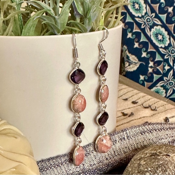 Handmade Amethyst and Rhodochrosite Dangle Earrings S925 Sterling Silver - Picture 9 of 10